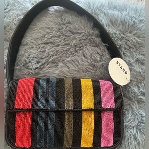 STAUD Red and Yellow Shoulder Bag with Striking Stripes